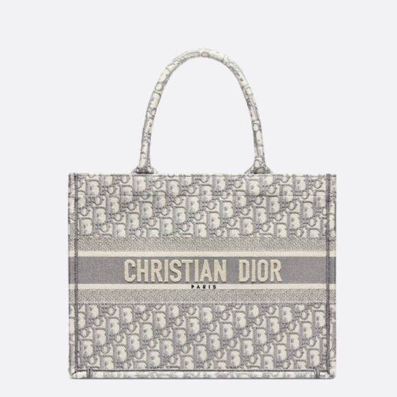 CHRISTIAN DIOR MEDIUM BOOK TOTE ECRU WHITE AND GRAY OBLIQUE EMBROIDED W/ COA - Picture 1 of 10